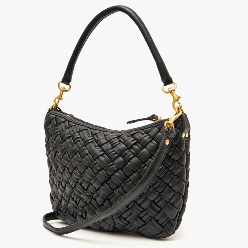 Clare V Black Petit Moyen Puffy Woven Leather Shoulder Bag with Gold Hardware